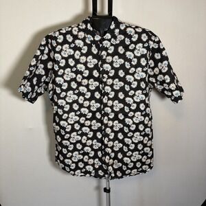 Jogal Mens XL Black Floral Button Up Shirt Preppy Cotton Summer Artsy Resortwear